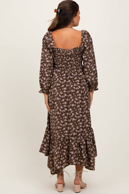 Brown Floral Smocked Handkerchief Hem Maternity Maxi Dress