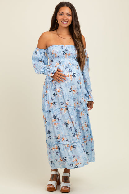 Light Blue Floral Off Shoulder Long Sleeve Maternity Maxi Dress