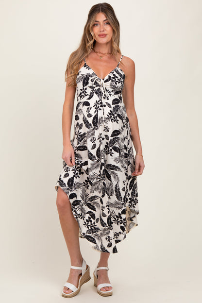 Black Tropical Floral Front Cinched Tie Maternity Midi Dress