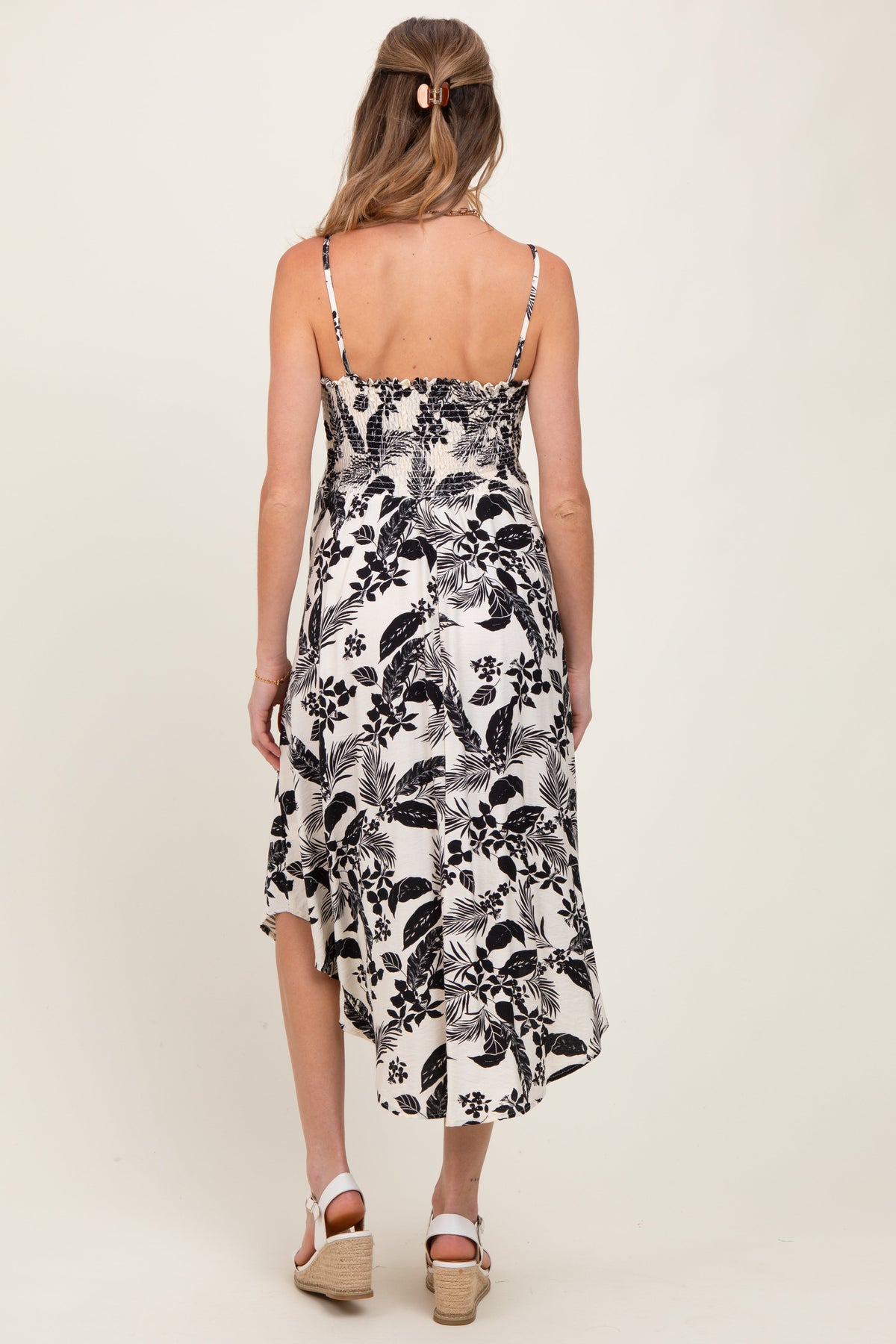 Black Tropical Floral Front Cinched Tie Maternity Midi Dress