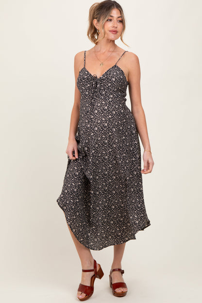 Black Floral Cinched Front Tie Maternity Midi Dress