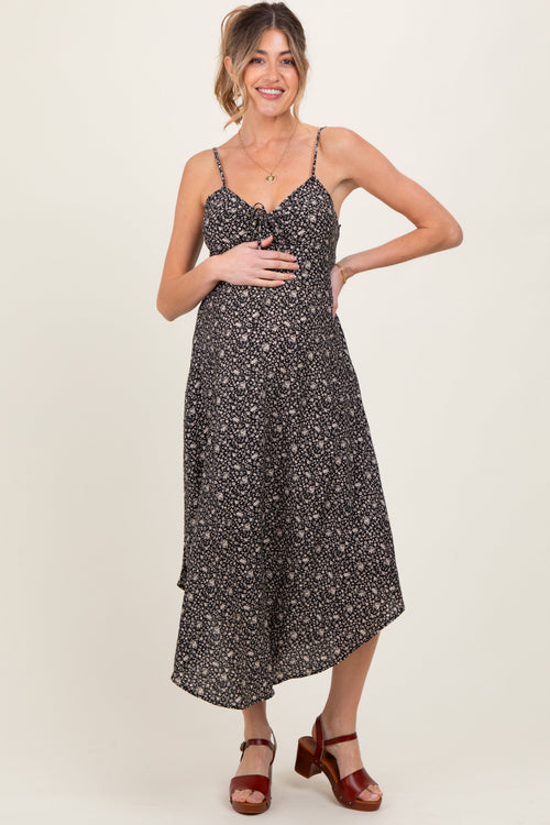 Black Floral Cinched Front Tie Maternity Midi Dress