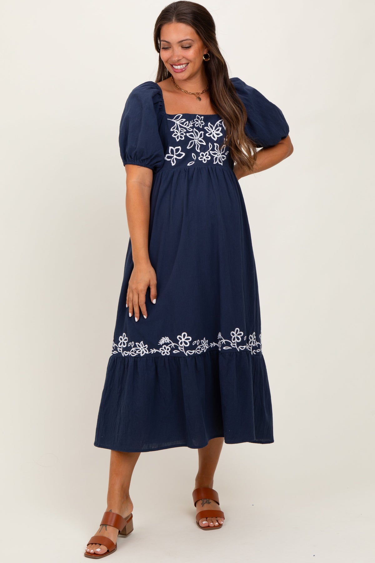 Navy Embroidered Floral Square Neck Maternity Maxi Dress