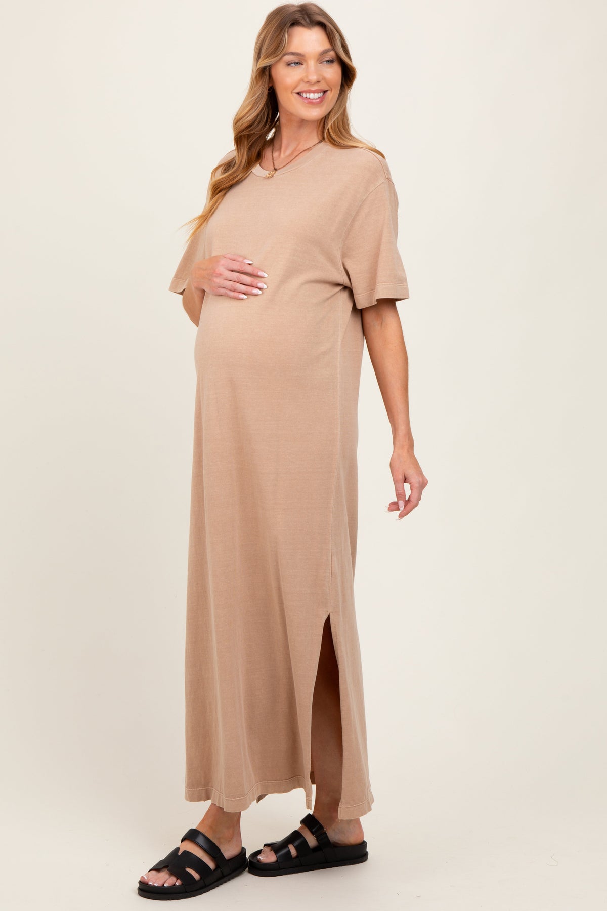 Taupe Short Sleeve Knit T-Shirt Maternity Maxi Dress
