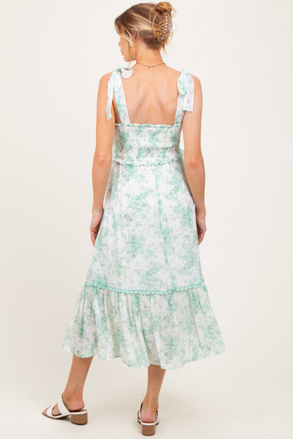 Mint Floral Smocked Shoulder Tie Maternity Midi Dress
