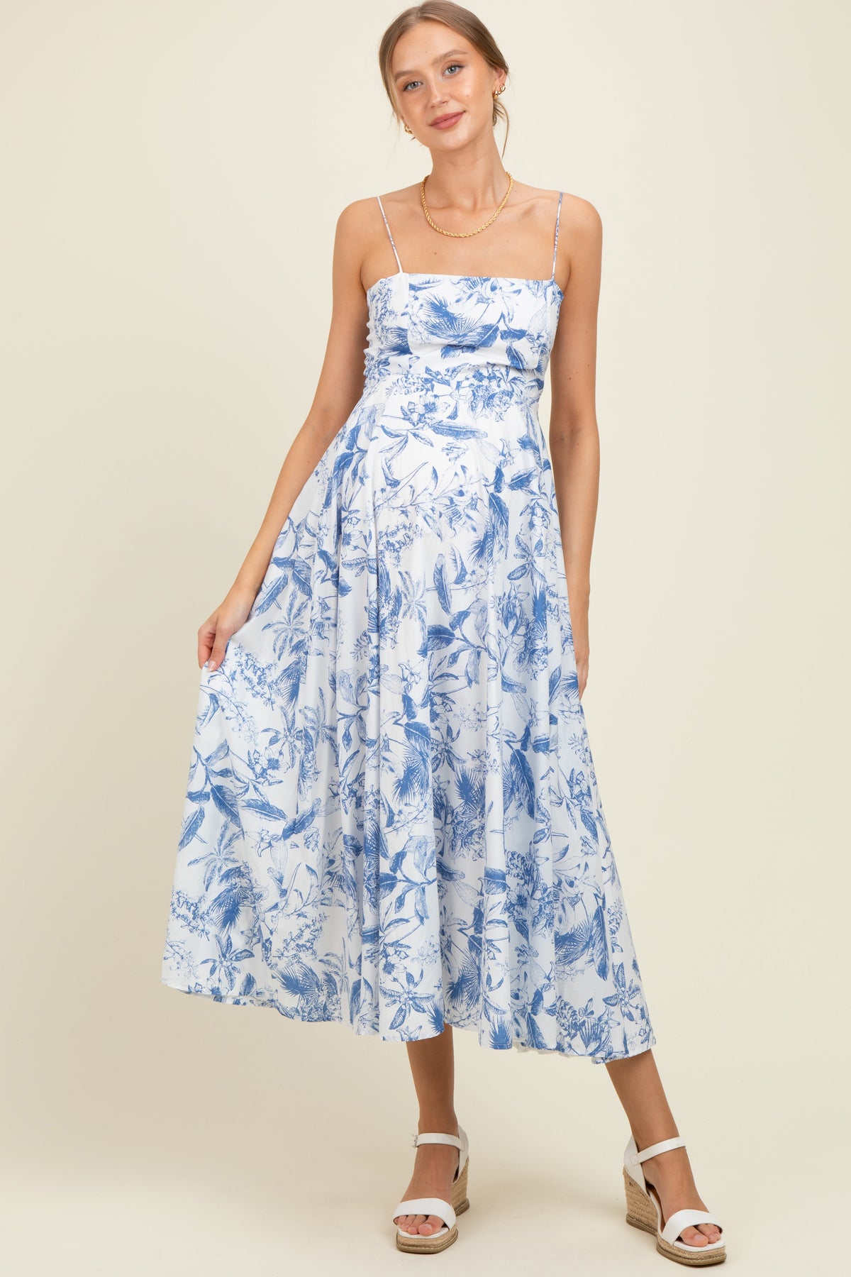 Blue Spaghetti Strap Printed A-Line Maternity Midi Dress