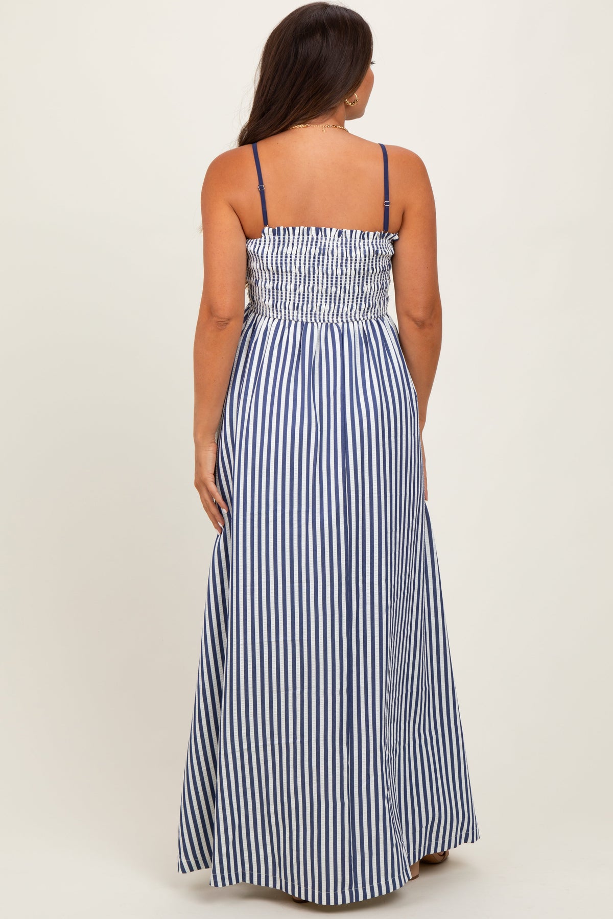Navy Striped Sleeveless Smocked Poplin Maternity Maxi Dress