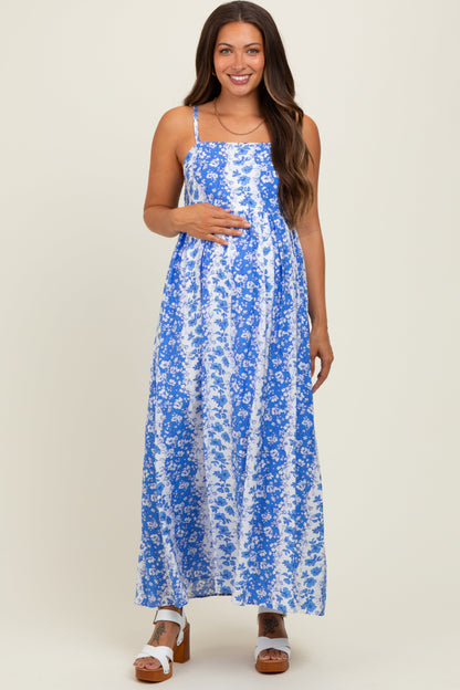 Blue Floral Colorblock Sleeveless Maternity Maxi Dress