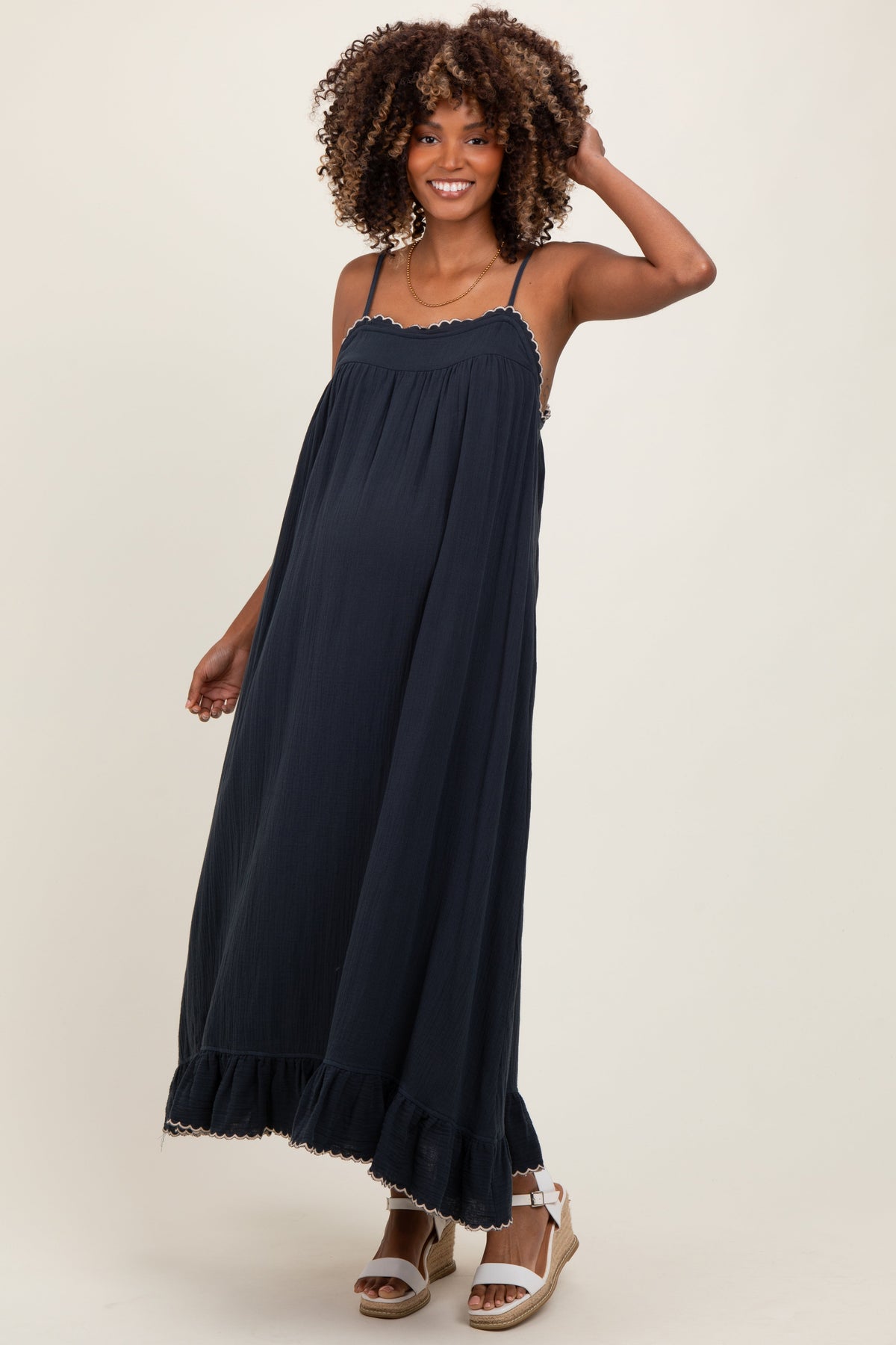 Navy Scallop Trim Shoulder Tie Maternity Maxi Dress