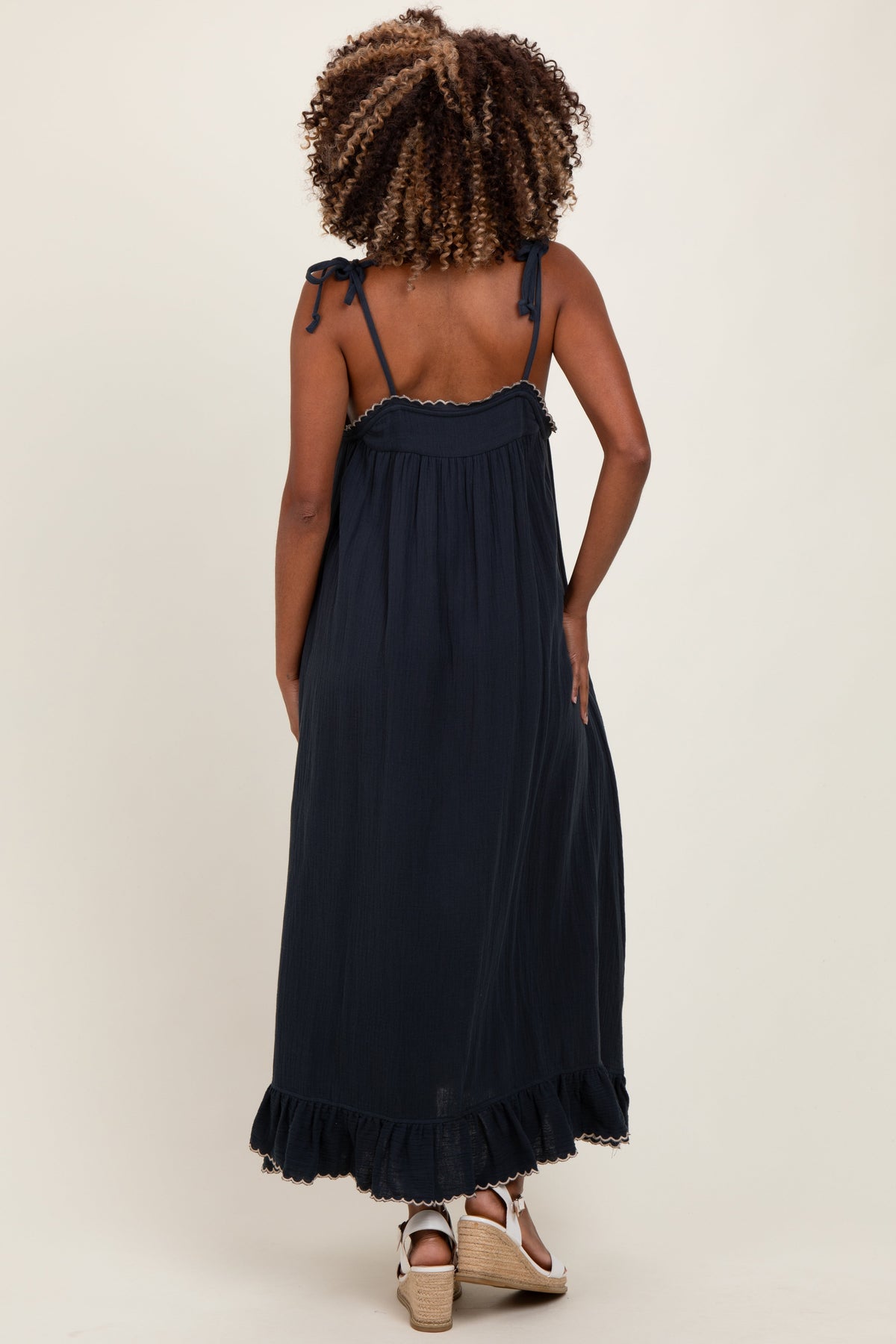 Navy Scallop Trim Shoulder Tie Maternity Maxi Dress