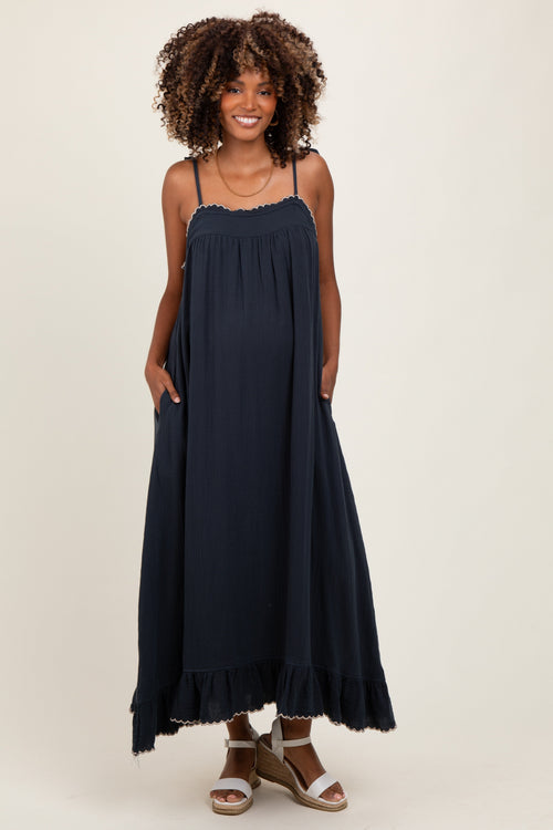 Navy Scallop Trim Shoulder Tie Maternity Maxi Dress