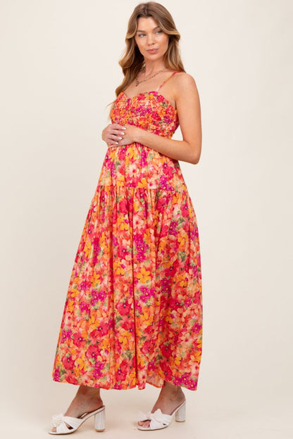 Coral Floral Textured Smocked Maternity Maxi Dress