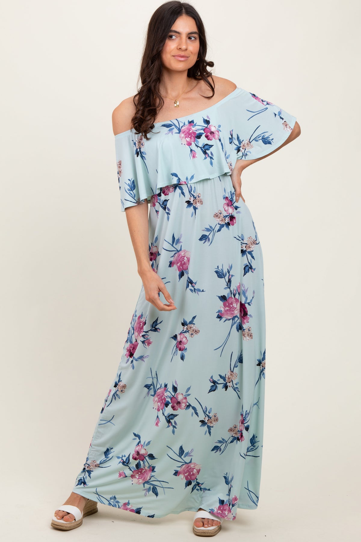 Mint Off Shoulder Floral Ruffle Maternity Maxi Dress