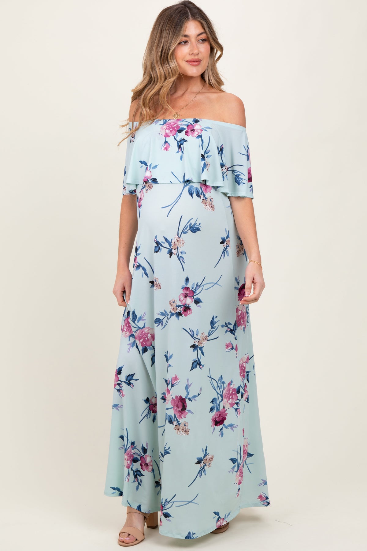 Mint Off Shoulder Floral Ruffle Maternity Maxi Dress