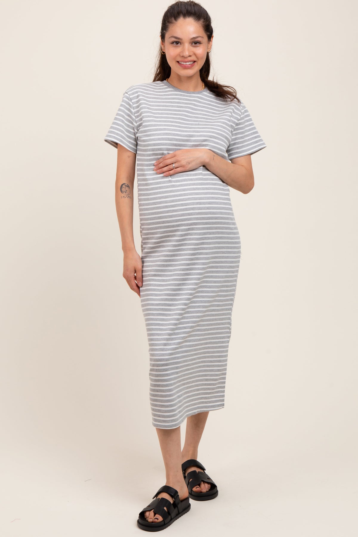 Heather Grey Striped Short Sleeve Maternity T-Shirt Midi Dress