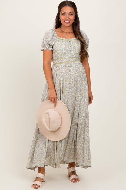 Light Olive Floral Lace Trim Maternity Maxi Dress