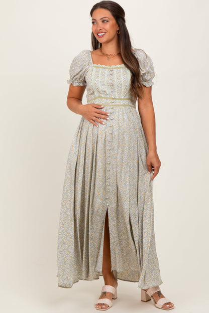 Light Olive Floral Lace Trim Maternity Maxi Dress