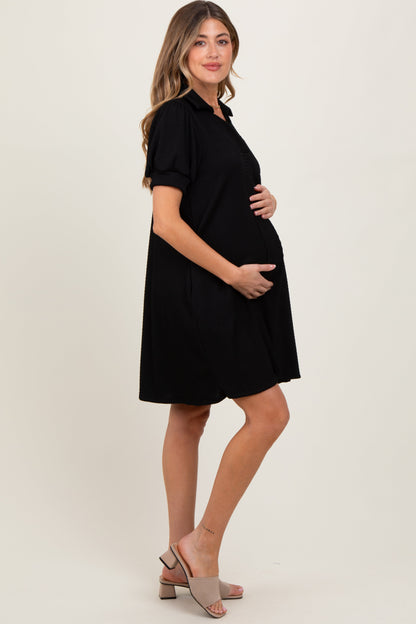 Black Textured Maternity Polo Dress