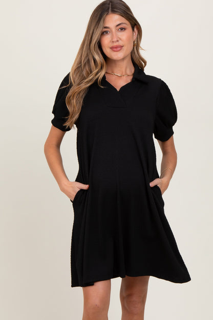 Black Textured Maternity Polo Dress