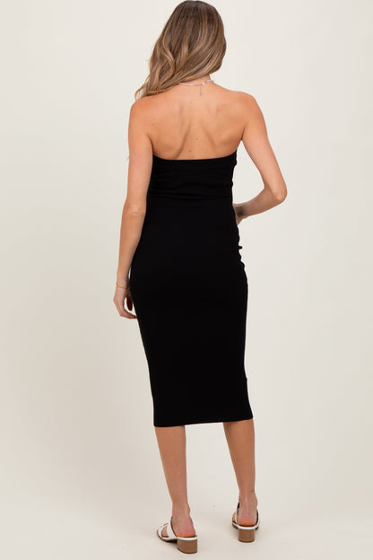 Black Fitted Tube Knit Maternity Midi Dress