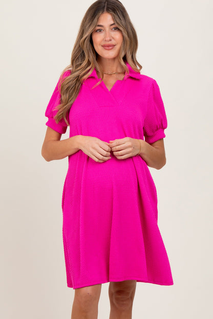 Fuchsia Textured Maternity Polo Dress