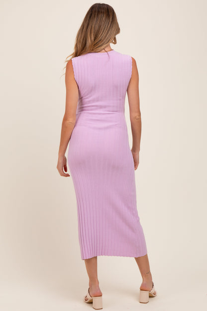 Light Pink Scalloped Ribbed Knit Sleeveless Maternity Midi Dress