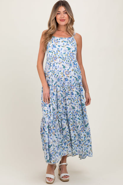 Blue Floral Sleeveless Tiered Maternity Maxi Dress