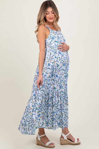 Blue Floral Sleeveless Tiered Maternity Maxi Dress