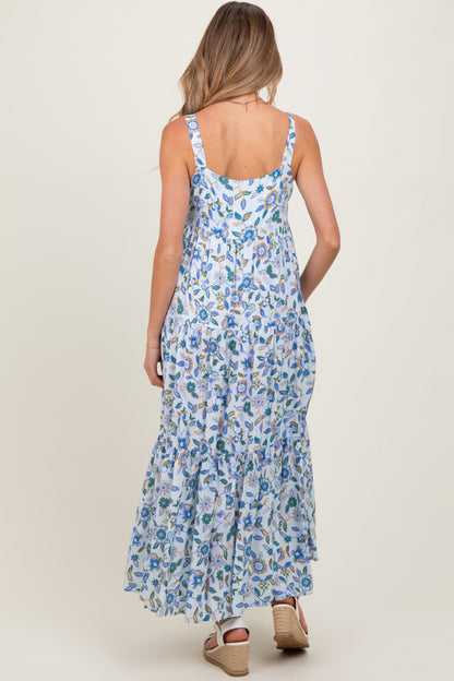 Blue Floral Sleeveless Tiered Maternity Maxi Dress