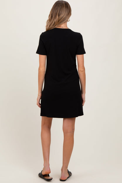 Black Ribbed Knit Basic Short Sleeve Maternity T-Shirt Dress