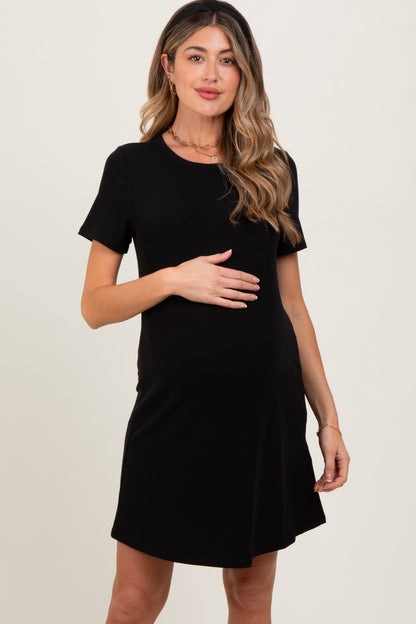 Black Ribbed Knit Basic Short Sleeve Maternity T-Shirt Dress