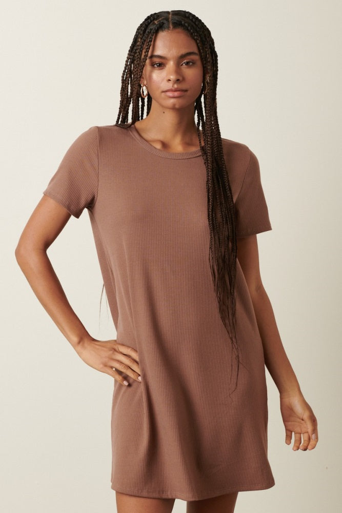 Brown Ribbed Knit Basic Short Sleeve Maternity T-Shirt Dress