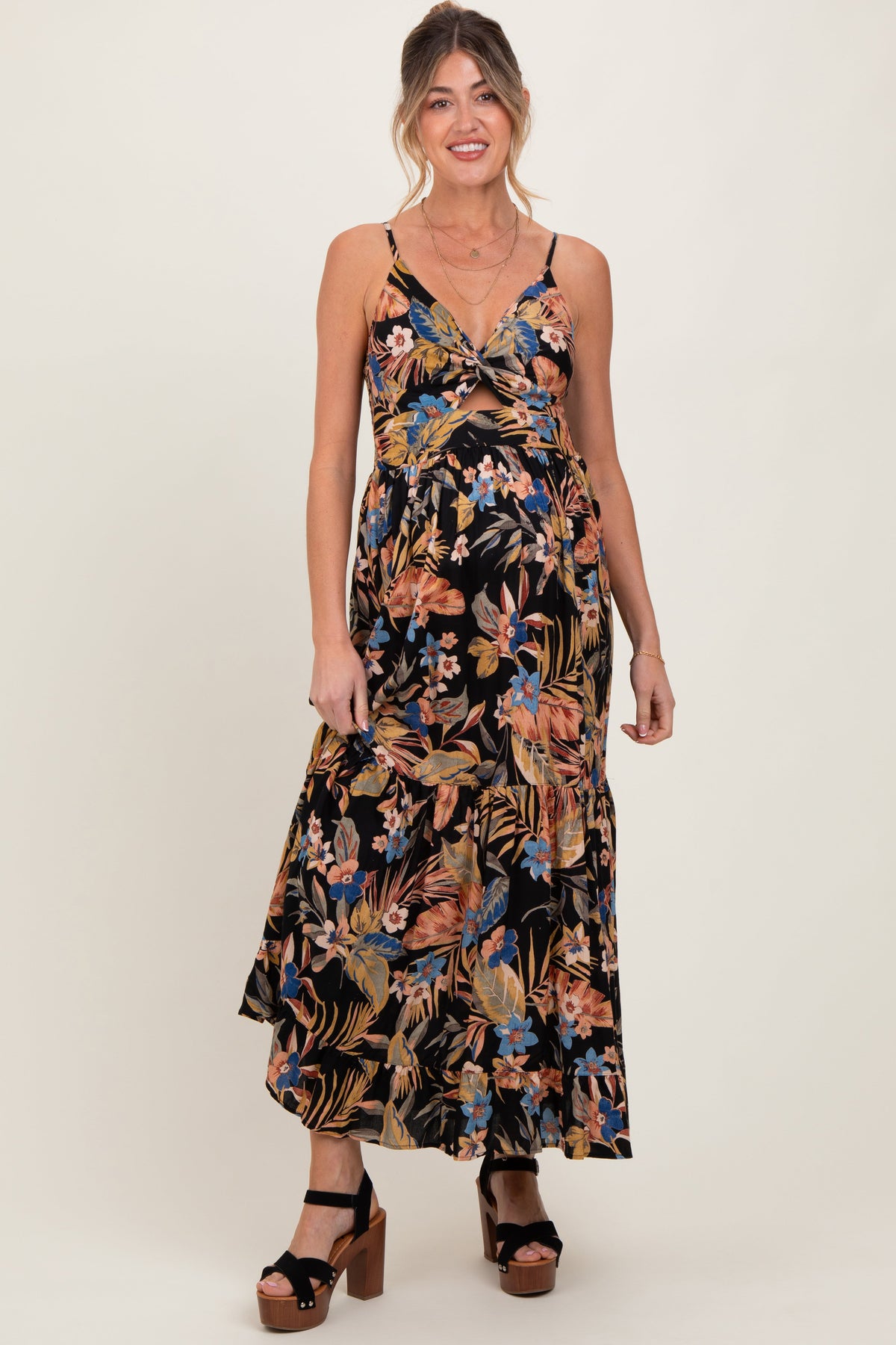 Black Tropical Print Twist Front Cutout Maternity Maxi Dress
