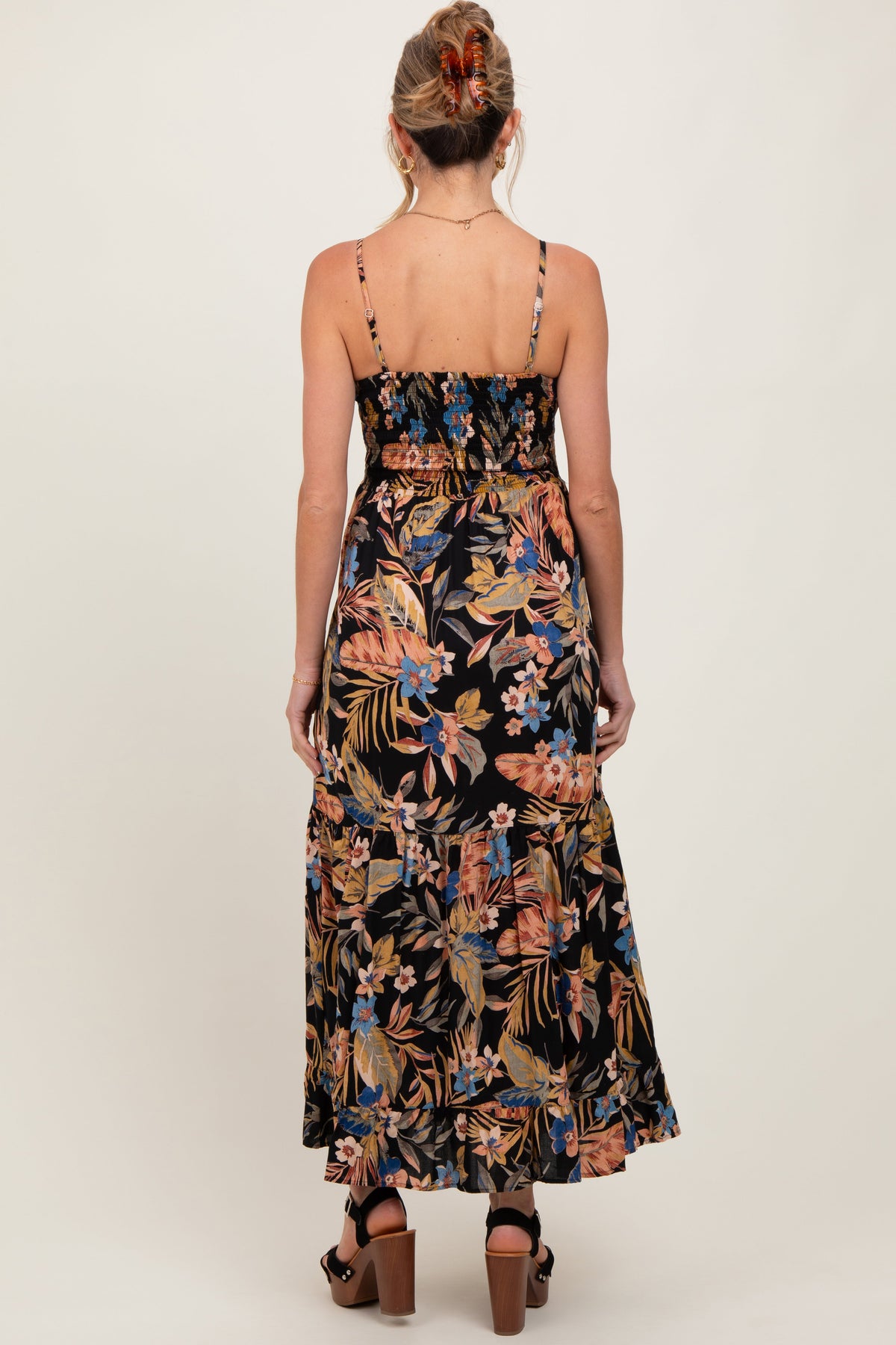 Black Tropical Print Twist Front Cutout Maternity Maxi Dress