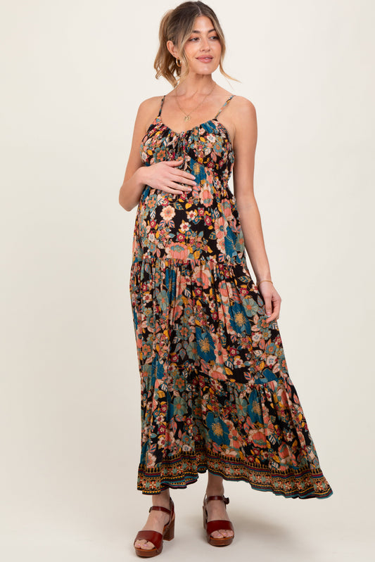 Black Floral Front Tie Tiered Maternity Maxi Dress