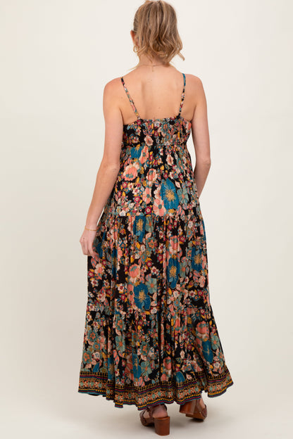 Black Floral Front Tie Tiered Maternity Maxi Dress