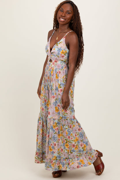 Mint Green Floral Twist Front Cutout Maternity Maxi Dress