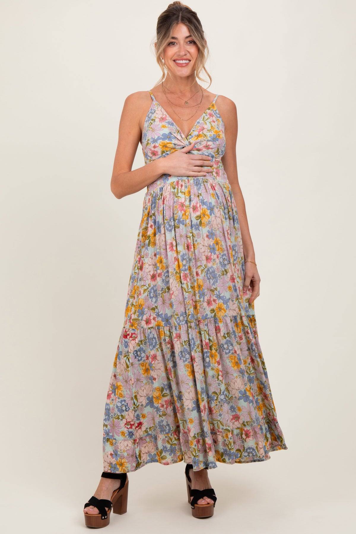 Mint Green Floral Twist Front Cutout Maternity Maxi Dress