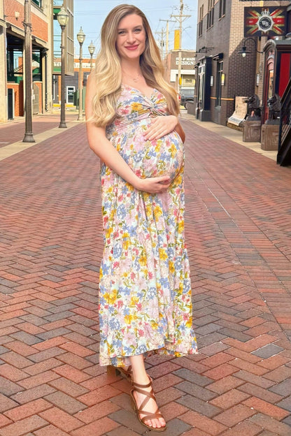 Mint Green Floral Twist Front Cutout Maternity Maxi Dress