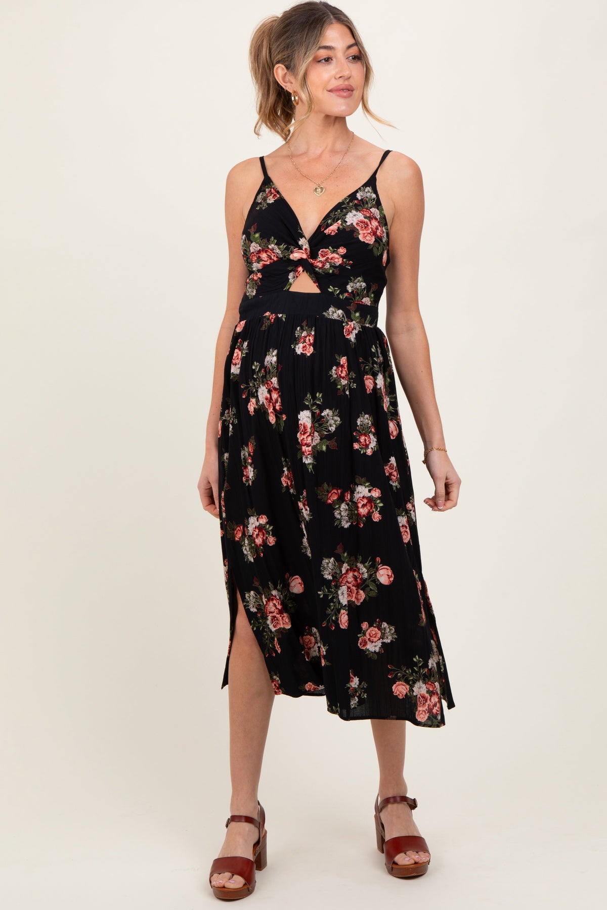 Black Rose Print Twist Front Cutout Maternity Midi Dress