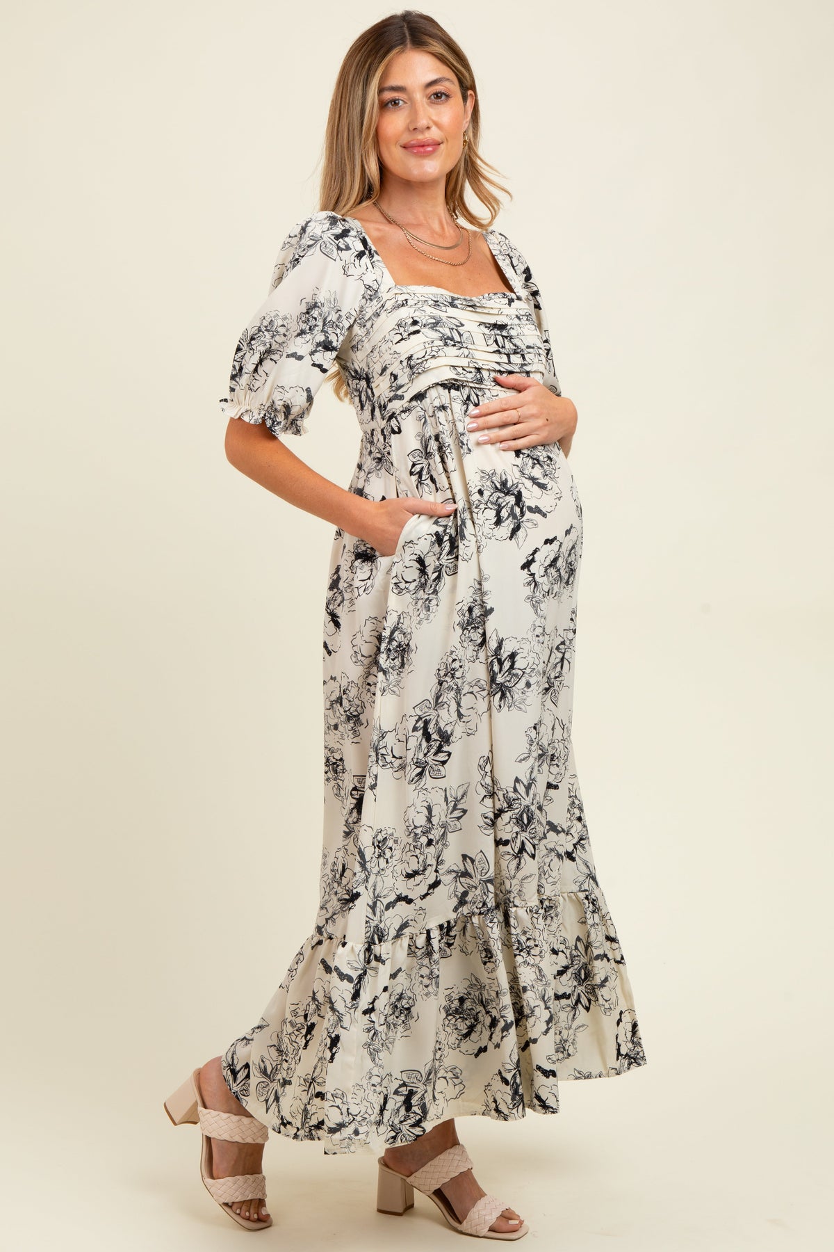 Ivory Rose Print Pleated Bodice Maternity Maxi Dress