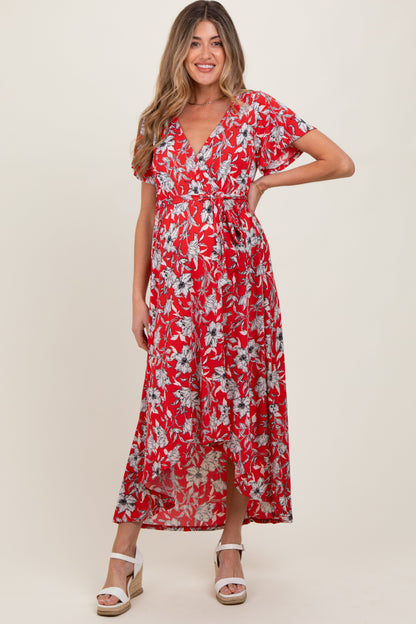 Red Floral Sash Tie Maternity Wrap Hi-Low Dress