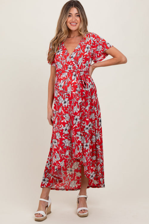 Red Floral Sash Tie Maternity Wrap Hi-Low Dress