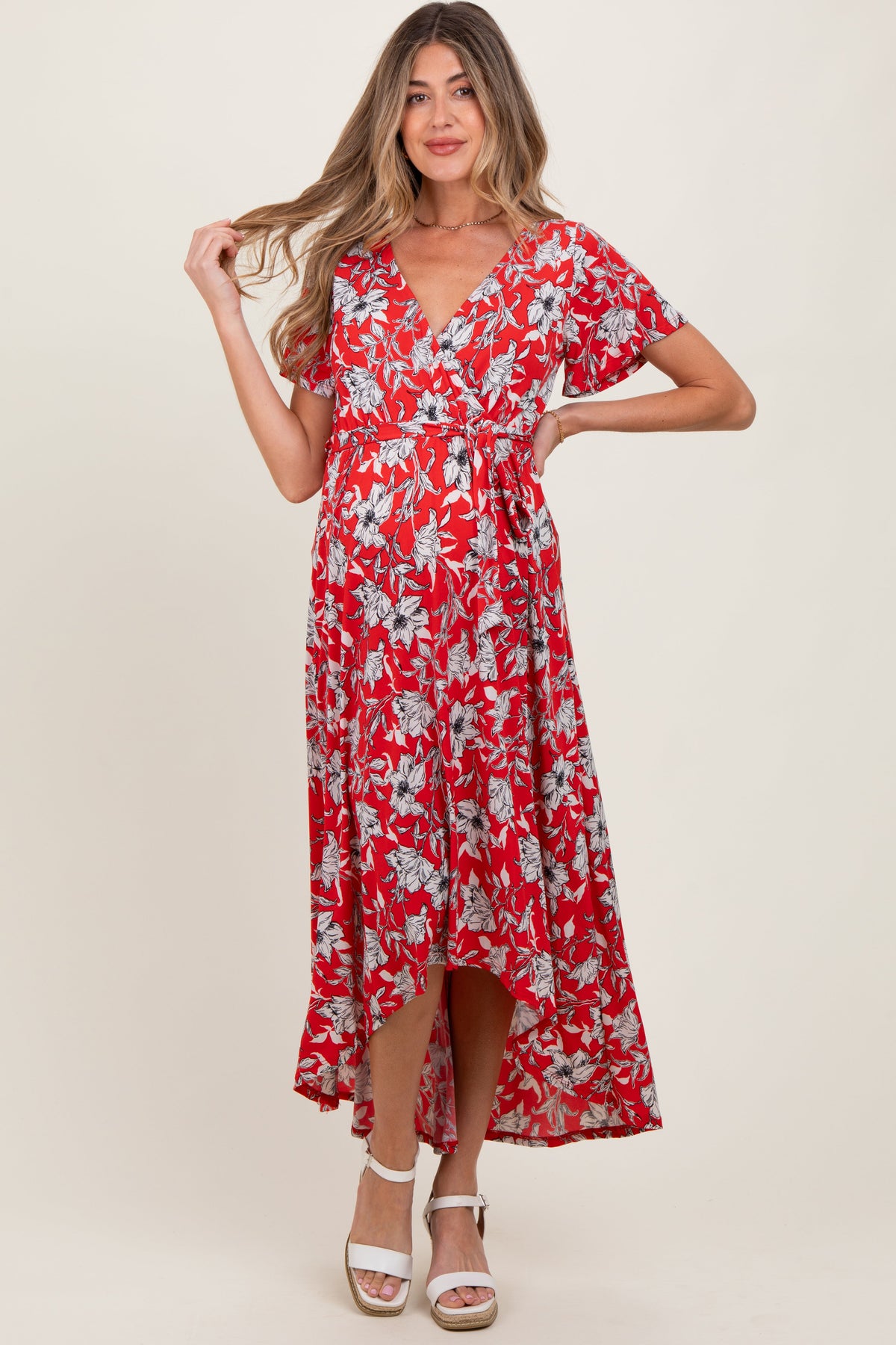 Red Floral Sash Tie Maternity Wrap Hi-Low Dress