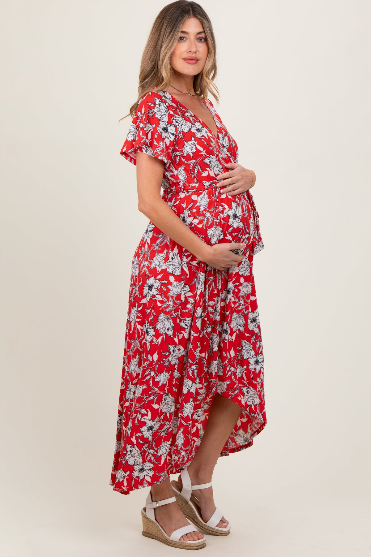 Red Floral Sash Tie Maternity Wrap Hi-Low Dress