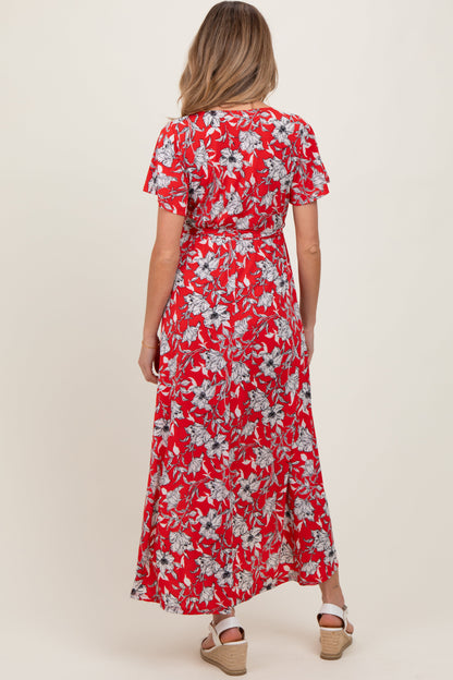 Red Floral Sash Tie Maternity Wrap Hi-Low Dress