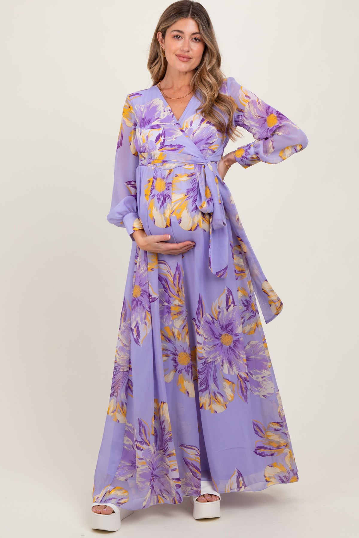 Lavender Floral Chiffon Sash Tie Maternity Wrap Maxi Dress