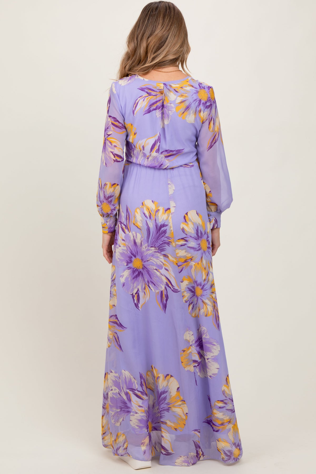 Lavender Floral Chiffon Sash Tie Maternity Wrap Maxi Dress