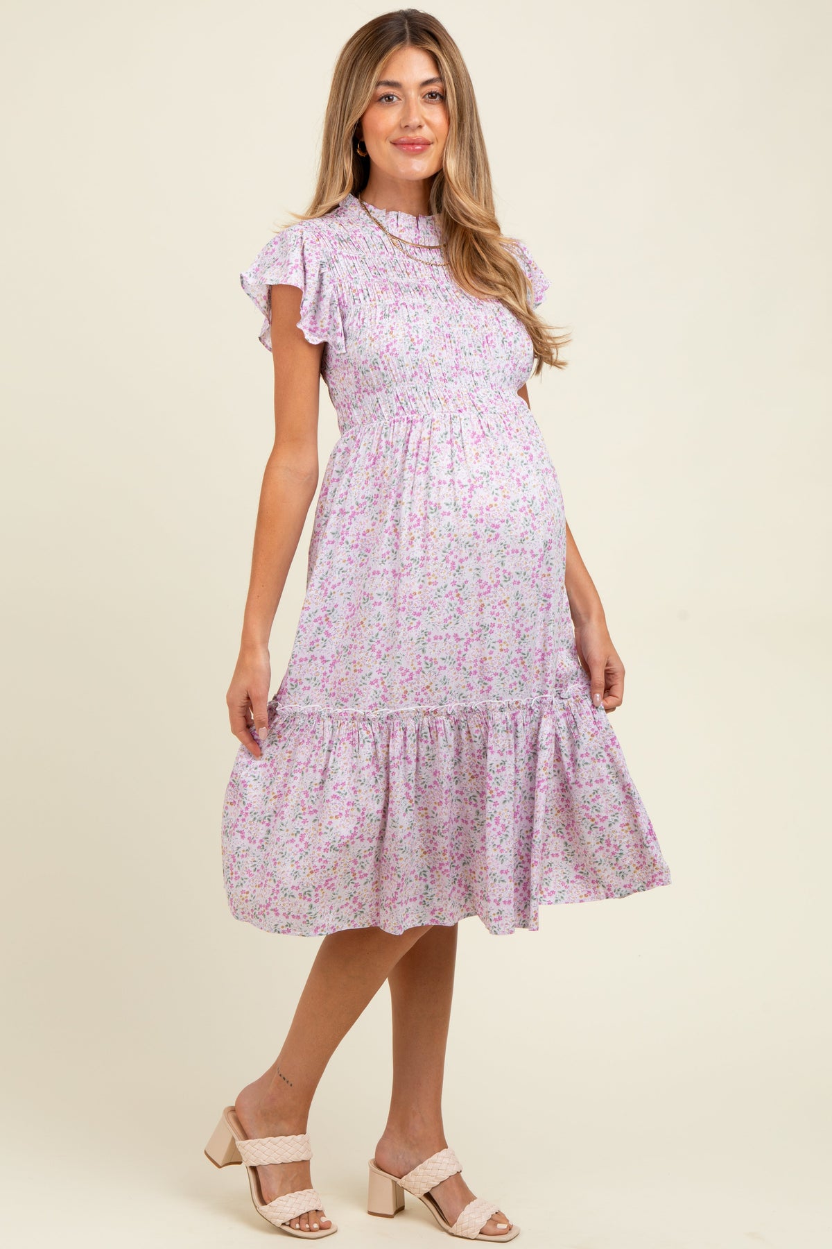 Pink Floral Mock Neck Smocked Ruffe Sleeve Maternity Midi Dress
