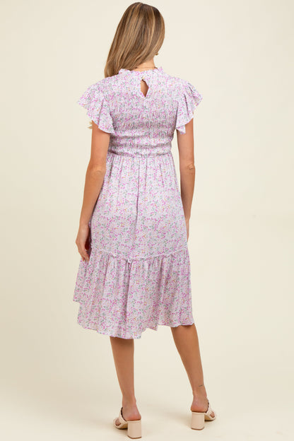 Pink Floral Mock Neck Smocked Ruffe Sleeve Maternity Midi Dress